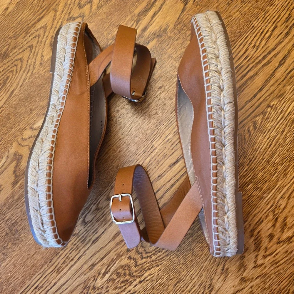 Stuart Weitzman 5.5 Tan Leather Ankle‎ Strap Espadrille Flats Boho Quiet Luxury